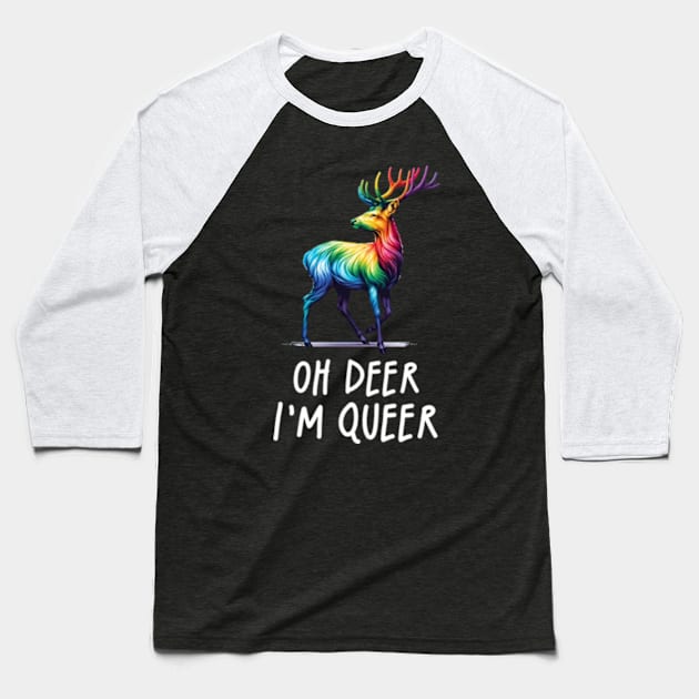 Oh Deer Im Queer Funny Rainbow Pride LGBTQIA Gay Baseball T-Shirt by Lavender Celeste